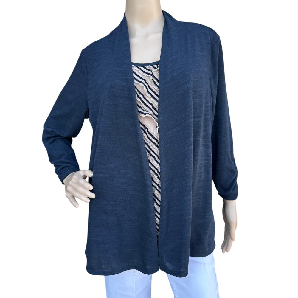 NOTATIONS Navy Blue 2-Fer Layered Sweater Top Ruffled Striped Mesh Inset Large L